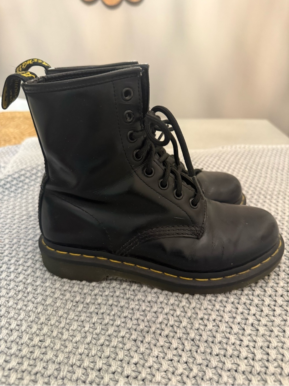 Black  Lace-Up Combat Boots with Yellow Stitching